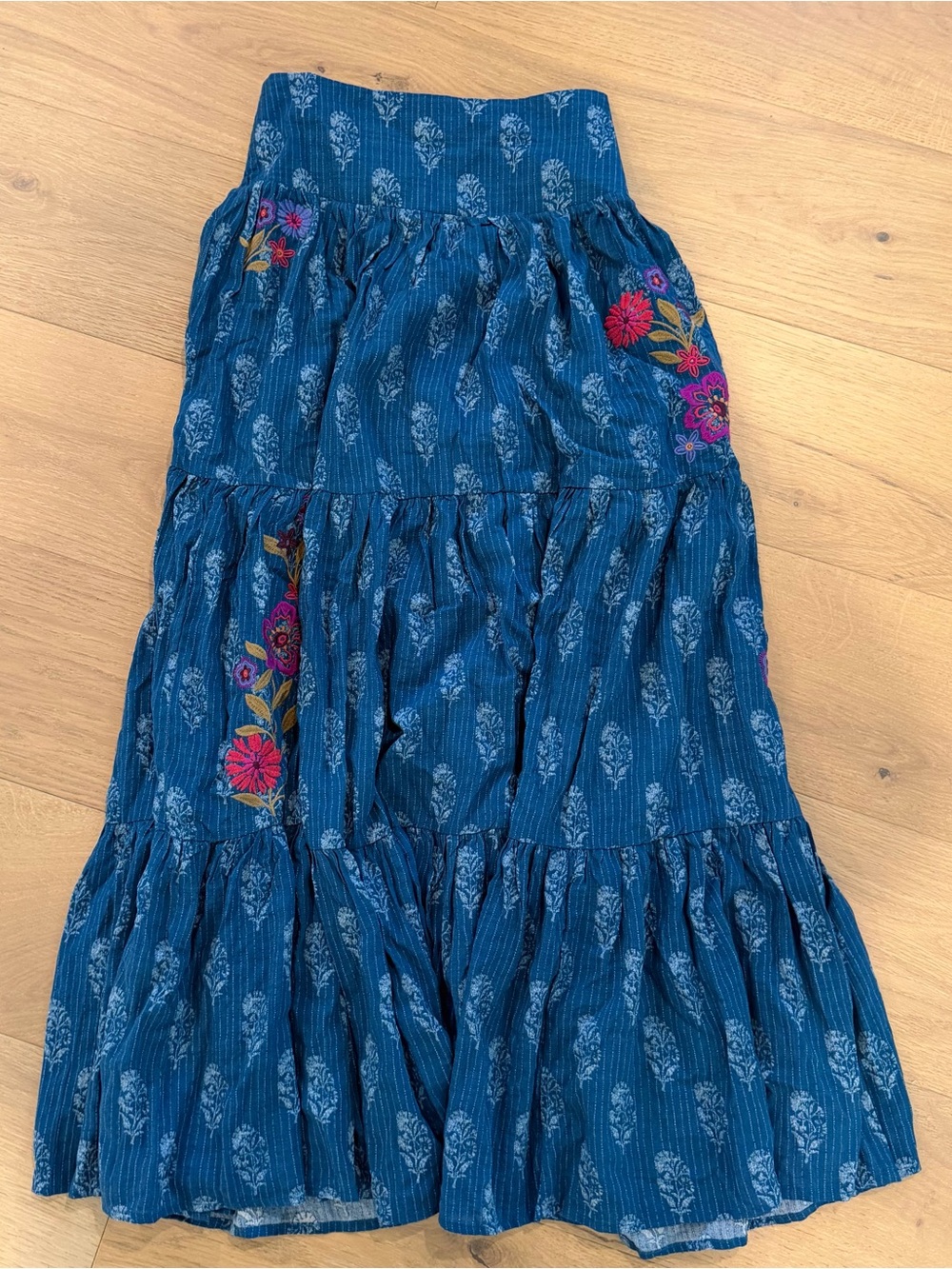 Hanna Maxi Blue Tiered Maxi Skirt with Floral Embroidery